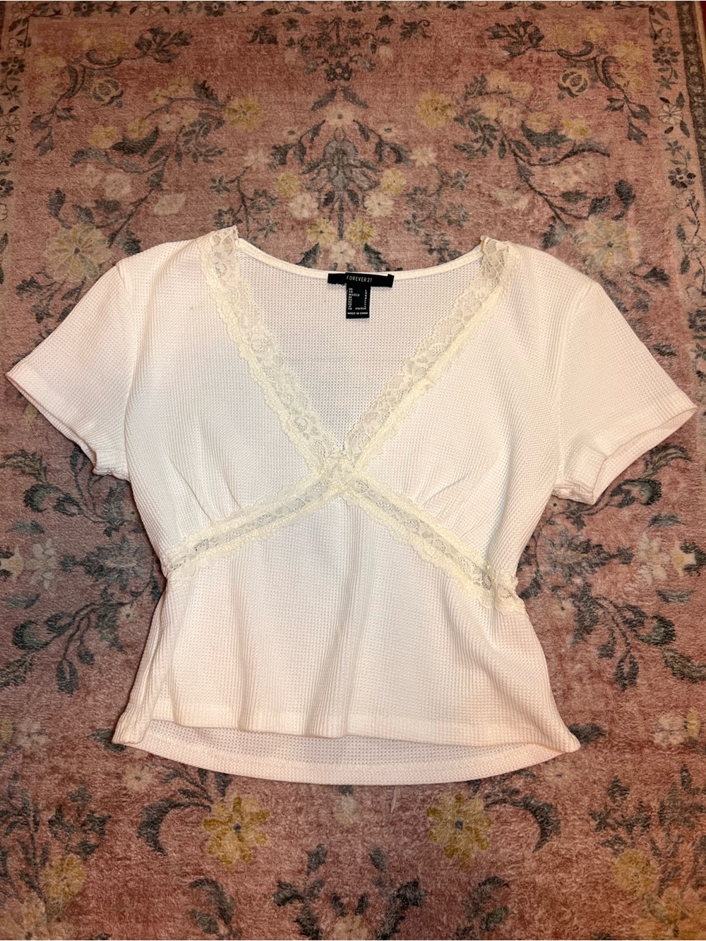 Forever 21 Cream Lace-Trim Short Sleeve Peplum Top